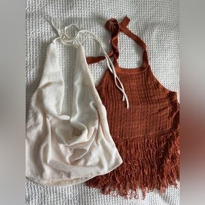 SHEIN Cream Halter and Brown Fringe Crop Tops